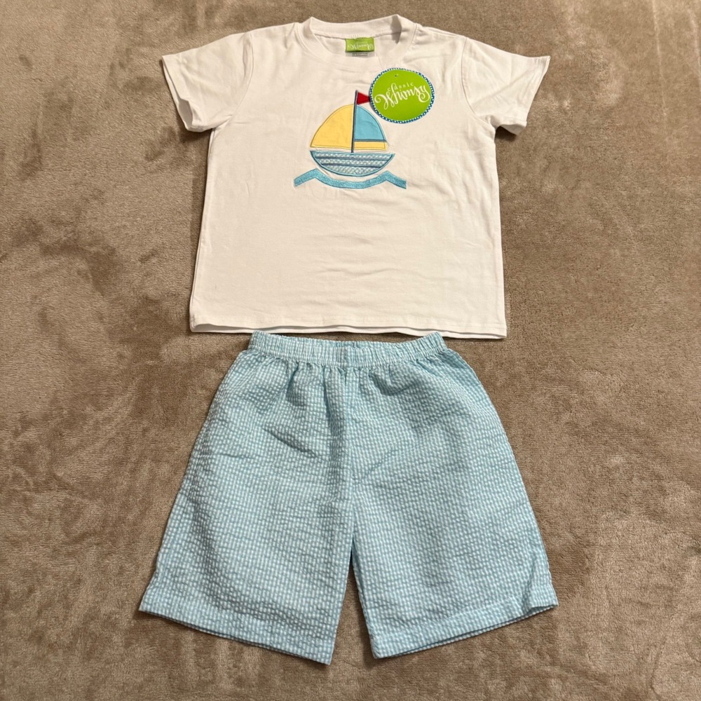 Classic Whimsy Boys Sailboat Short Set Turquoise Gingham Seersucker
